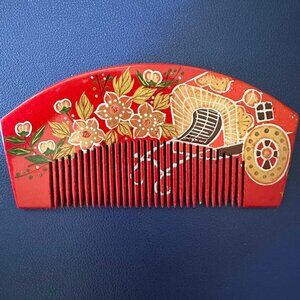 Vintage Japanese Style Red Lacquer Wood Comb Hand Painted Floral
